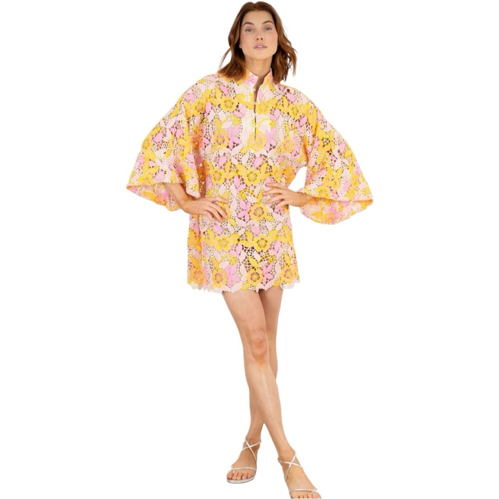 LaVie Style House Pink Yellow Floral Embroidered Lace Mini Caftan/Dress, o/s